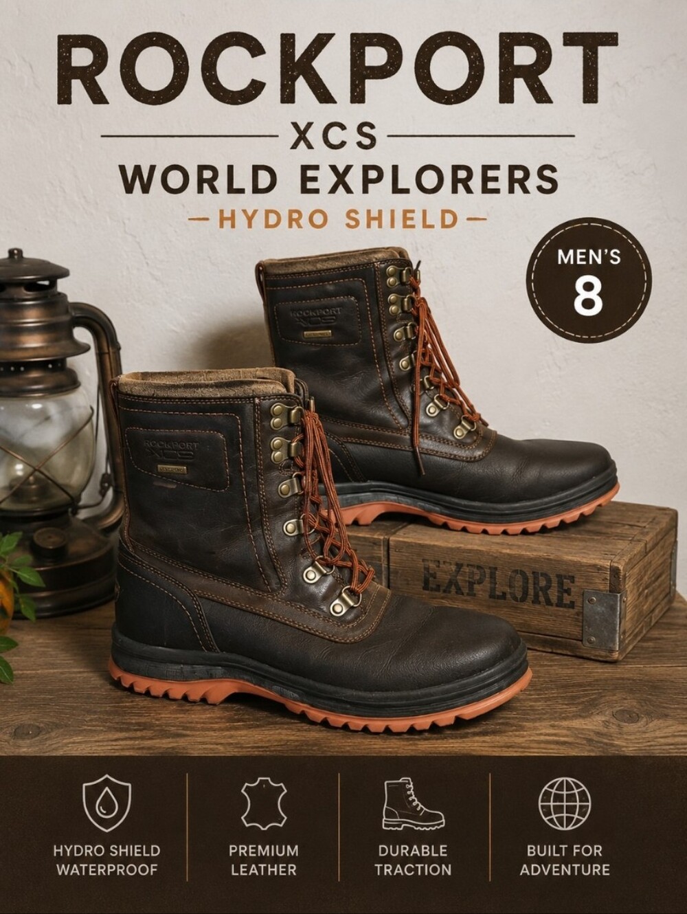ROCKPORT XCS Leather World Explorers Hydro Shield Men's 8